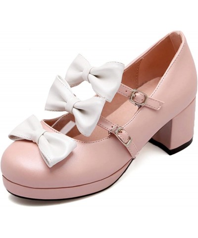 Women Round Toe Bows Mary Jane Lovely Block Mid Heels Pumps Pink 3 $23.64 Pumps