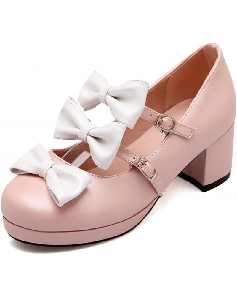 Women Round Toe Bows Mary Jane Lovely Block Mid Heels Pumps Pink 3 $23.64 Pumps