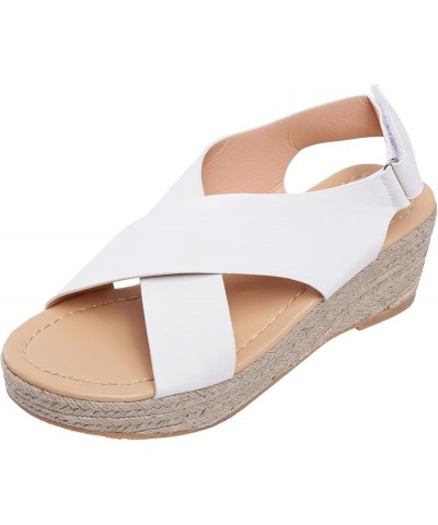 Womens Open Toe Espadrilles Dressy Platform Sandals Slip on Elastic Ankle Strap Wedges Sandals Summer Beach Weave Shoes White...