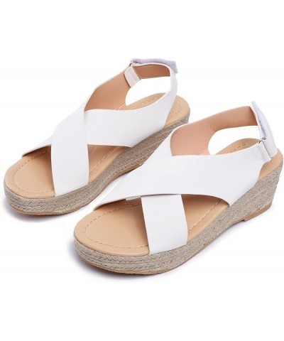 Womens Open Toe Espadrilles Dressy Platform Sandals Slip on Elastic Ankle Strap Wedges Sandals Summer Beach Weave Shoes White...