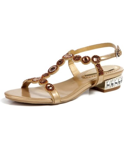 Women Rhinestone Sandals T-Strap Square Heel Low-Heeled Sandals Party Shoes Back Buckle Shoes 12 Gold $48.22 Sandals