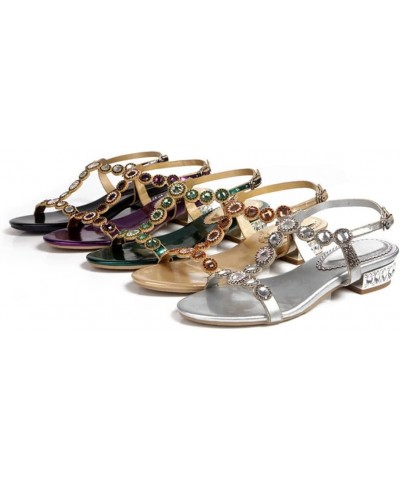 Women Rhinestone Sandals T-Strap Square Heel Low-Heeled Sandals Party Shoes Back Buckle Shoes 12 Gold $48.22 Sandals