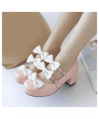 Women Round Toe Bows Mary Jane Lovely Block Mid Heels Pumps Pink 3 $23.64 Pumps