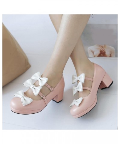 Women Round Toe Bows Mary Jane Lovely Block Mid Heels Pumps Pink 3 $23.64 Pumps