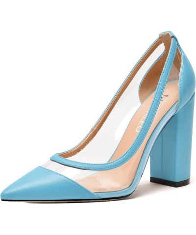 Womens PVC fashion Clear Slip On Fashion Pointed Toe Matte Party Block High Heel Pumps Shoes 4 Inch Light Blue $31.49 Pumps