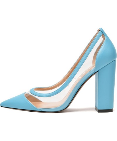 Womens PVC fashion Clear Slip On Fashion Pointed Toe Matte Party Block High Heel Pumps Shoes 4 Inch Light Blue $31.49 Pumps