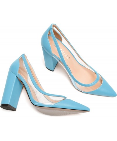 Womens PVC fashion Clear Slip On Fashion Pointed Toe Matte Party Block High Heel Pumps Shoes 4 Inch Light Blue $31.49 Pumps