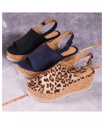 Women's Sandal Flip Flop Leopard Peep Toe FIsh Mouth Sandals Adjustable Buckle Slingback Platform Wedge Shoe A Dark Blue $15....