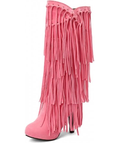 Women Classic Platform High Heels Fringe Knee Boots Pink $32.42 Boots