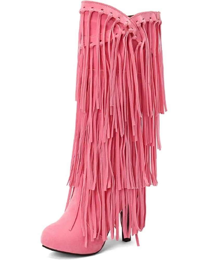 Women Classic Platform High Heels Fringe Knee Boots Pink $32.42 Boots