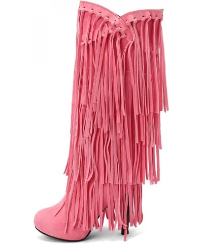 Women Classic Platform High Heels Fringe Knee Boots Pink $32.42 Boots