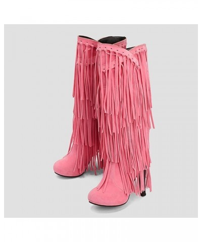 Women Classic Platform High Heels Fringe Knee Boots Pink $32.42 Boots