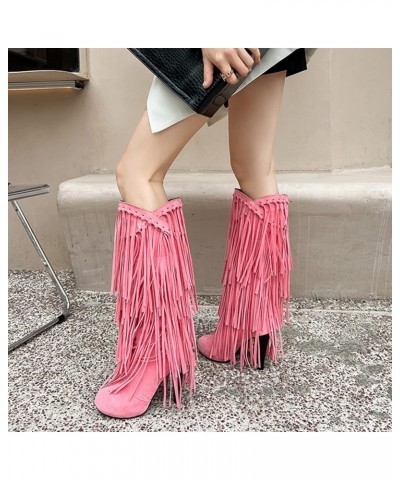 Women Classic Platform High Heels Fringe Knee Boots Pink $32.42 Boots