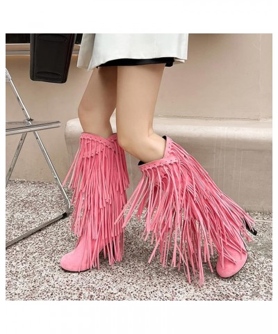 Women Classic Platform High Heels Fringe Knee Boots Pink $32.42 Boots