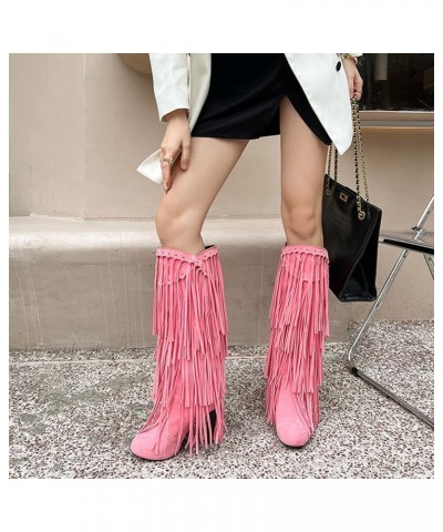 Women Classic Platform High Heels Fringe Knee Boots Pink $32.42 Boots