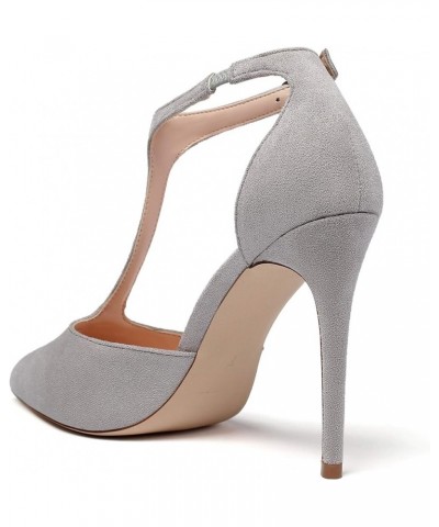 Women's T-Strap Pointed Toe High Heels Mary Jane Stiletto Dress Pumps Ankle Buckle Sexy Evening Party 4" Heeled Shoes Grey Su...