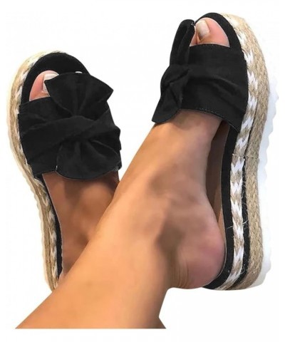 Women's Summer Breathable Slip On Bow Beach Weave Sandals Open Shoes Toe Flat Women's sandals Womens Dressy Sandals Black $11...