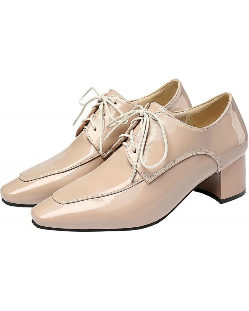 Womens Chunky Lace Up Oxford Pumps Patent Leather Square Toe Loafers Beige $16.38 Oxfords