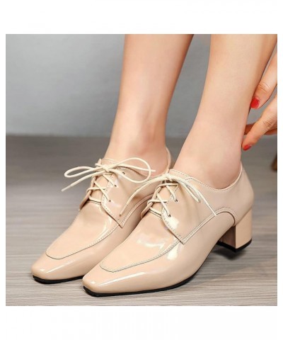 Womens Chunky Lace Up Oxford Pumps Patent Leather Square Toe Loafers Beige $16.38 Oxfords