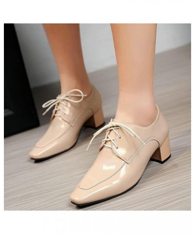 Womens Chunky Lace Up Oxford Pumps Patent Leather Square Toe Loafers Beige $16.38 Oxfords