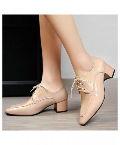 Womens Chunky Lace Up Oxford Pumps Patent Leather Square Toe Loafers Beige $16.38 Oxfords