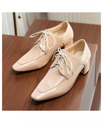 Womens Chunky Lace Up Oxford Pumps Patent Leather Square Toe Loafers Beige $16.38 Oxfords