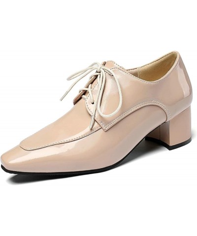 Womens Chunky Lace Up Oxford Pumps Patent Leather Square Toe Loafers Beige $16.38 Oxfords