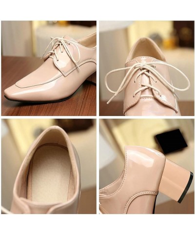 Womens Chunky Lace Up Oxford Pumps Patent Leather Square Toe Loafers Beige $16.38 Oxfords