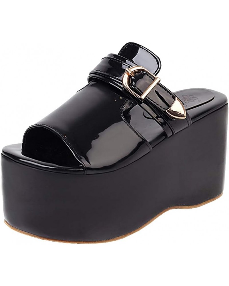 Women Classic Chunky Heels Slip On Sandals Black-1 $18.85 Sandals