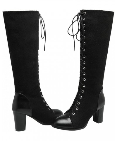 Womens Lace up Chunky Heel Knee High Boots Block High Heels Side Zip up Riding Boot Black $29.24 Boots