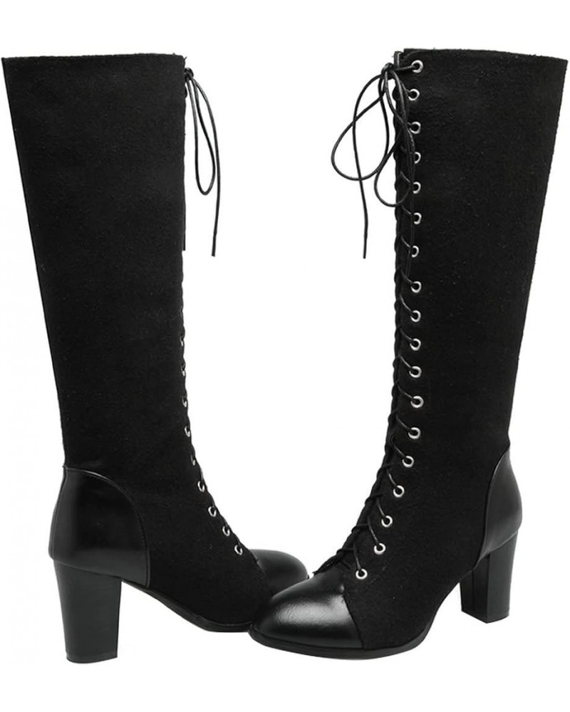 Womens Lace up Chunky Heel Knee High Boots Block High Heels Side Zip up Riding Boot Black $29.24 Boots