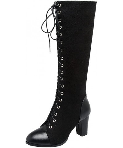 Womens Lace up Chunky Heel Knee High Boots Block High Heels Side Zip up Riding Boot Black $29.24 Boots