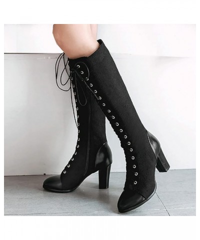 Womens Lace up Chunky Heel Knee High Boots Block High Heels Side Zip up Riding Boot Black $29.24 Boots