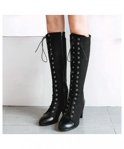 Womens Lace up Chunky Heel Knee High Boots Block High Heels Side Zip up Riding Boot Black $29.24 Boots