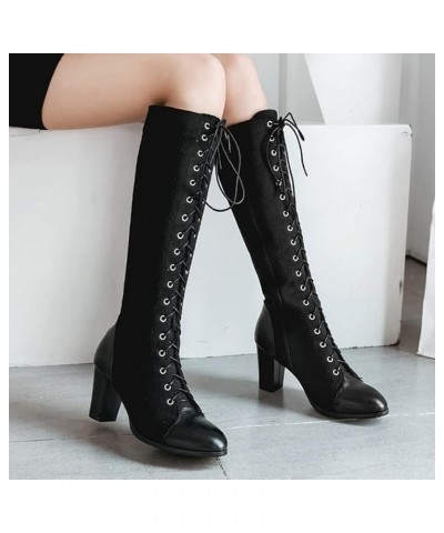 Womens Lace up Chunky Heel Knee High Boots Block High Heels Side Zip up Riding Boot Black $29.24 Boots