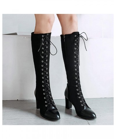 Womens Lace up Chunky Heel Knee High Boots Block High Heels Side Zip up Riding Boot Black $29.24 Boots