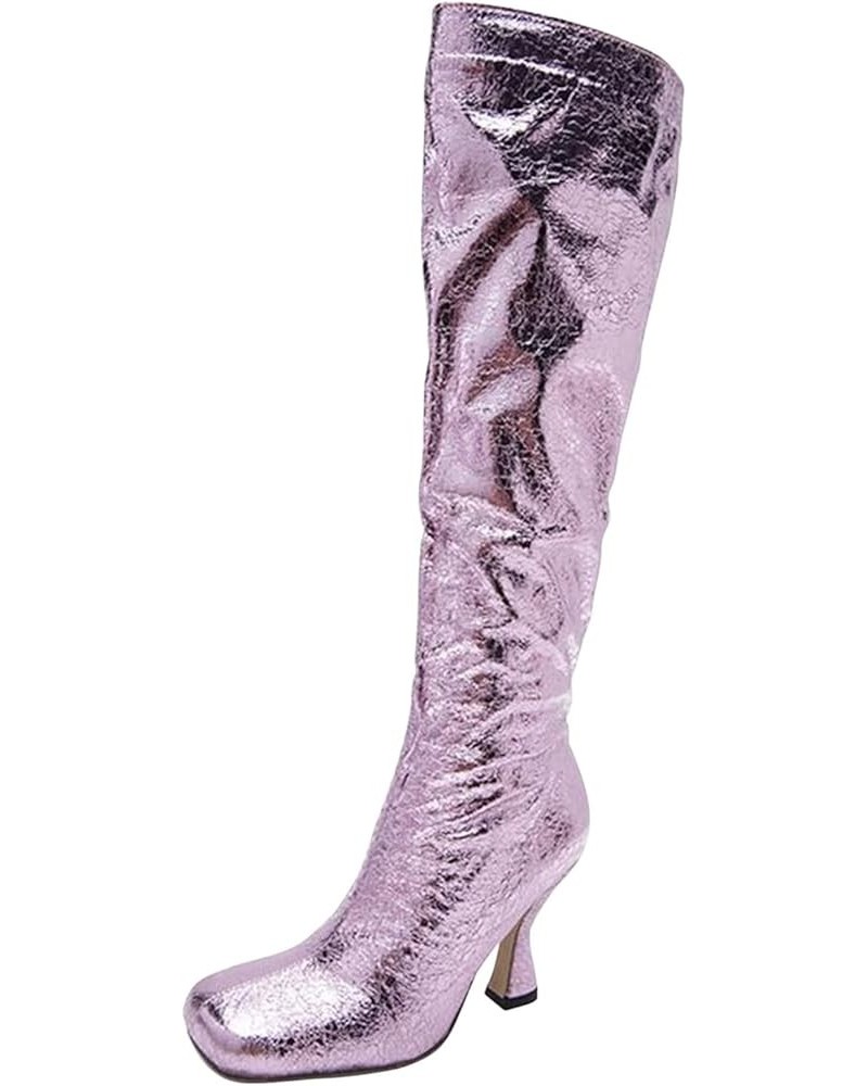 Glitter High Heel Boots for Women Spool Heel Pointed Toe Knee High Boots Side Zip Ruched Slouch Boots Fashion High Top Walkin...