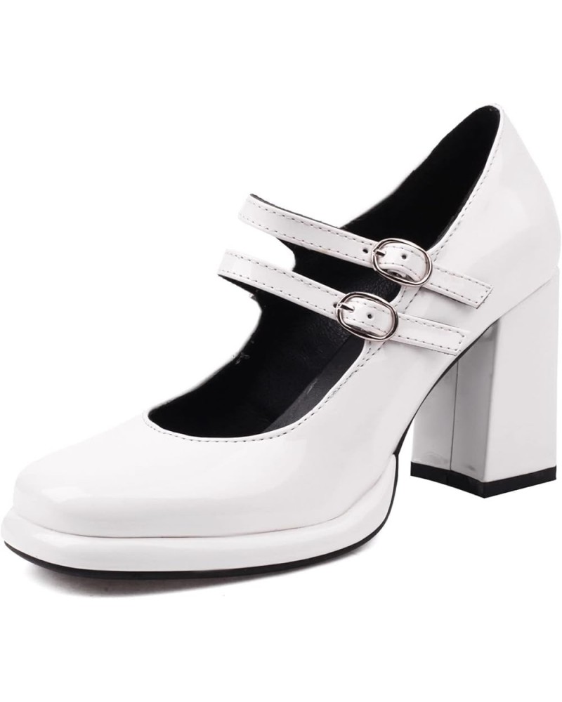 Women's Chunky Heels Platform Mary Janes Square Toe Pumps 3 Strap Patent Leather Block High Heel Dress Shoes White $30.23 Pumps