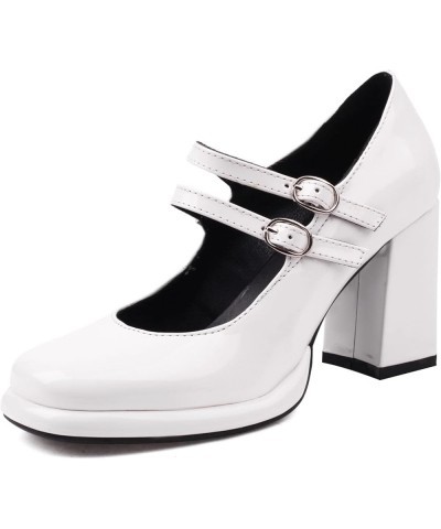 Women's Chunky Heels Platform Mary Janes Square Toe Pumps 3 Strap Patent Leather Block High Heel Dress Shoes White $30.23 Pumps