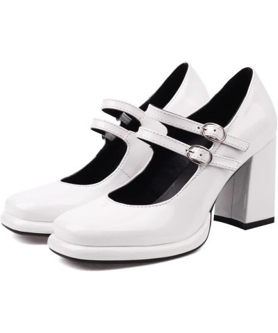 Women's Chunky Heels Platform Mary Janes Square Toe Pumps 3 Strap Patent Leather Block High Heel Dress Shoes White $30.23 Pumps