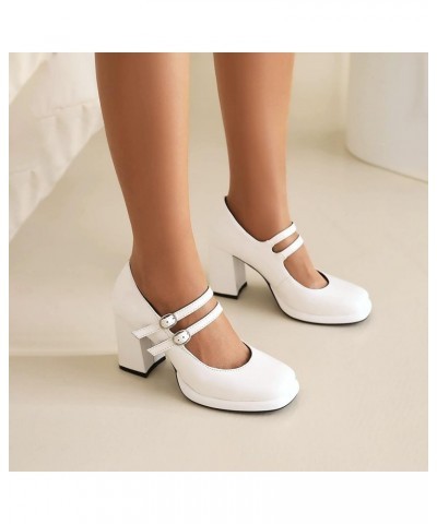 Women's Chunky Heels Platform Mary Janes Square Toe Pumps 3 Strap Patent Leather Block High Heel Dress Shoes White $30.23 Pumps