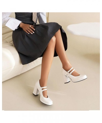 Women's Chunky Heels Platform Mary Janes Square Toe Pumps 3 Strap Patent Leather Block High Heel Dress Shoes White $30.23 Pumps