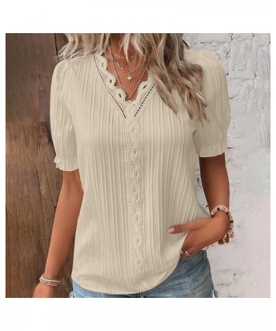 Women Summer Lace V Neck Plain Lace Elegant Shirt Fashion Solid Color Elegant Blouse Short Sleeve Comfy Soft Tee Beige-3 $10....