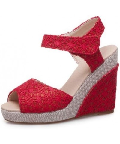 Women's Peep Toe Wedge Sandals Dress Wedding Cute Lace Hook Loop Fashion Platform High Heel Sandal Red $32.48 Sandals