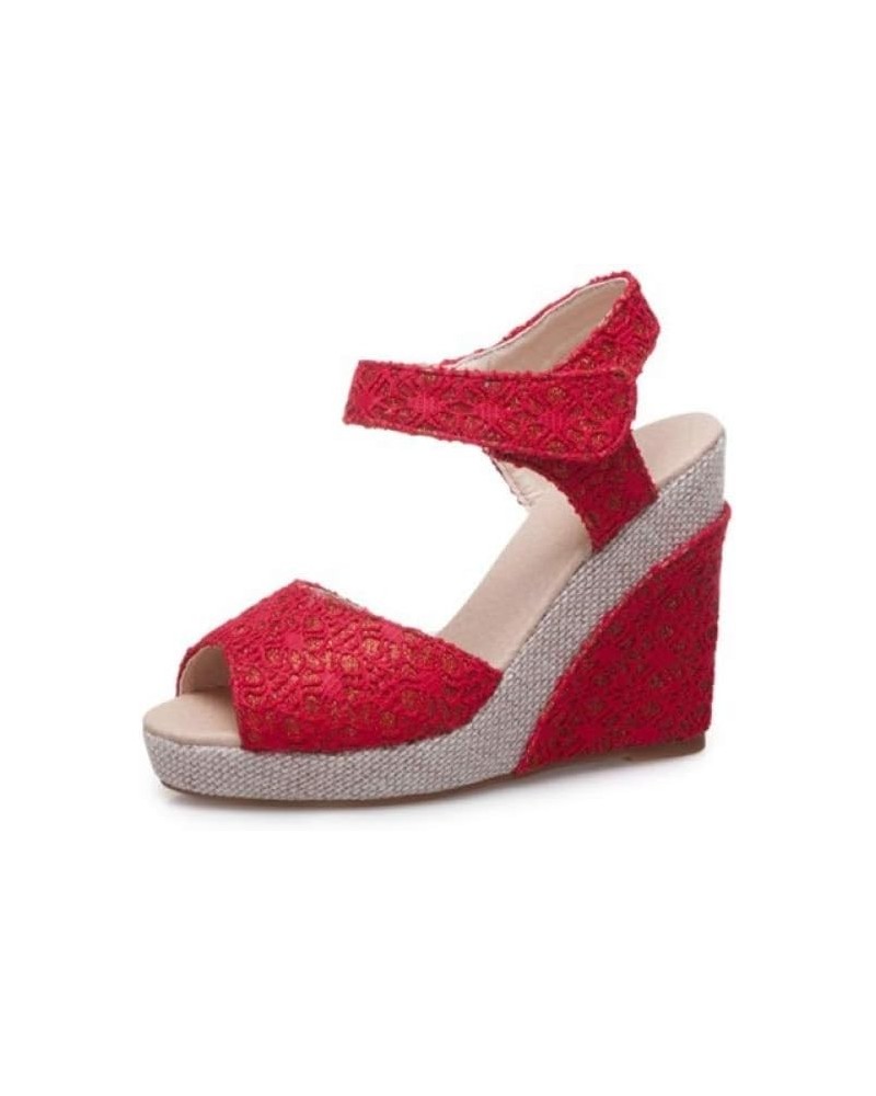 Women's Peep Toe Wedge Sandals Dress Wedding Cute Lace Hook Loop Fashion Platform High Heel Sandal Red $32.48 Sandals