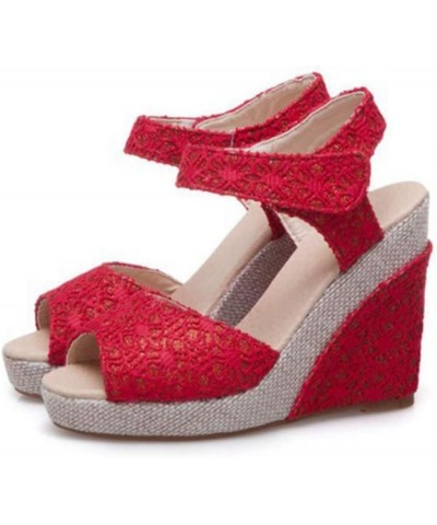 Women's Peep Toe Wedge Sandals Dress Wedding Cute Lace Hook Loop Fashion Platform High Heel Sandal Red $32.48 Sandals