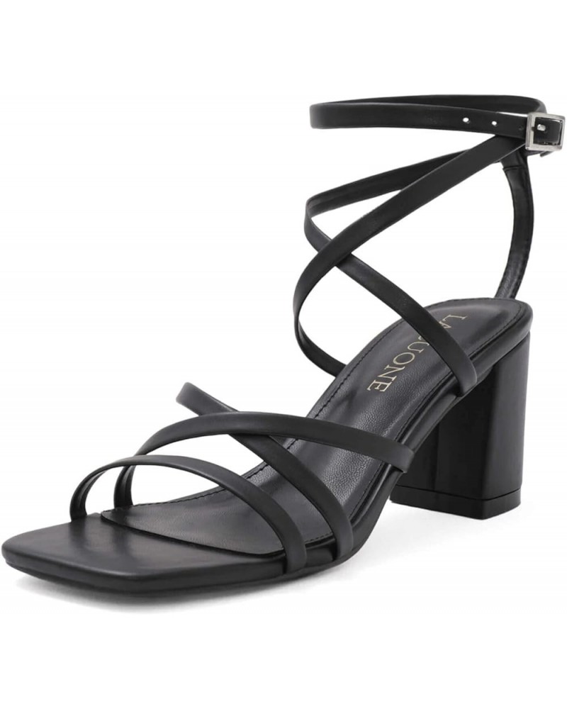 Strappy Heels for women Square Toe Chunky Block Heels Ankle Buckle Pump Heeled Sandals Black $12.90 Sandals