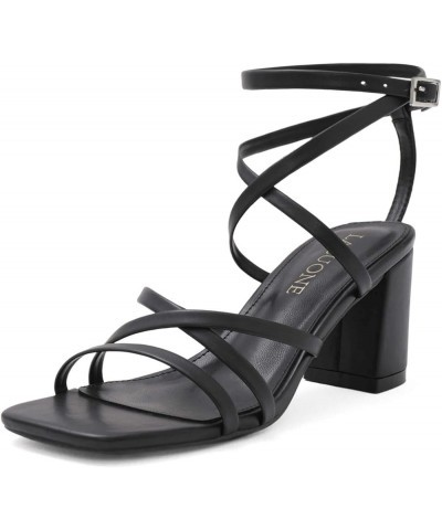 Strappy Heels for women Square Toe Chunky Block Heels Ankle Buckle Pump Heeled Sandals Black $12.90 Sandals