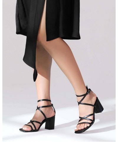 Strappy Heels for women Square Toe Chunky Block Heels Ankle Buckle Pump Heeled Sandals Black $12.90 Sandals