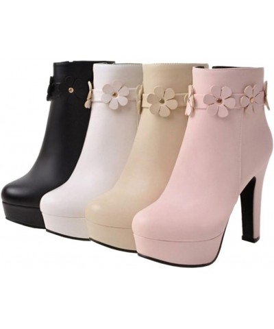 Women Dressy High Block Heel Zip Platform Ankle Booties with Sweet Flower Strap Black $21.09 Boots